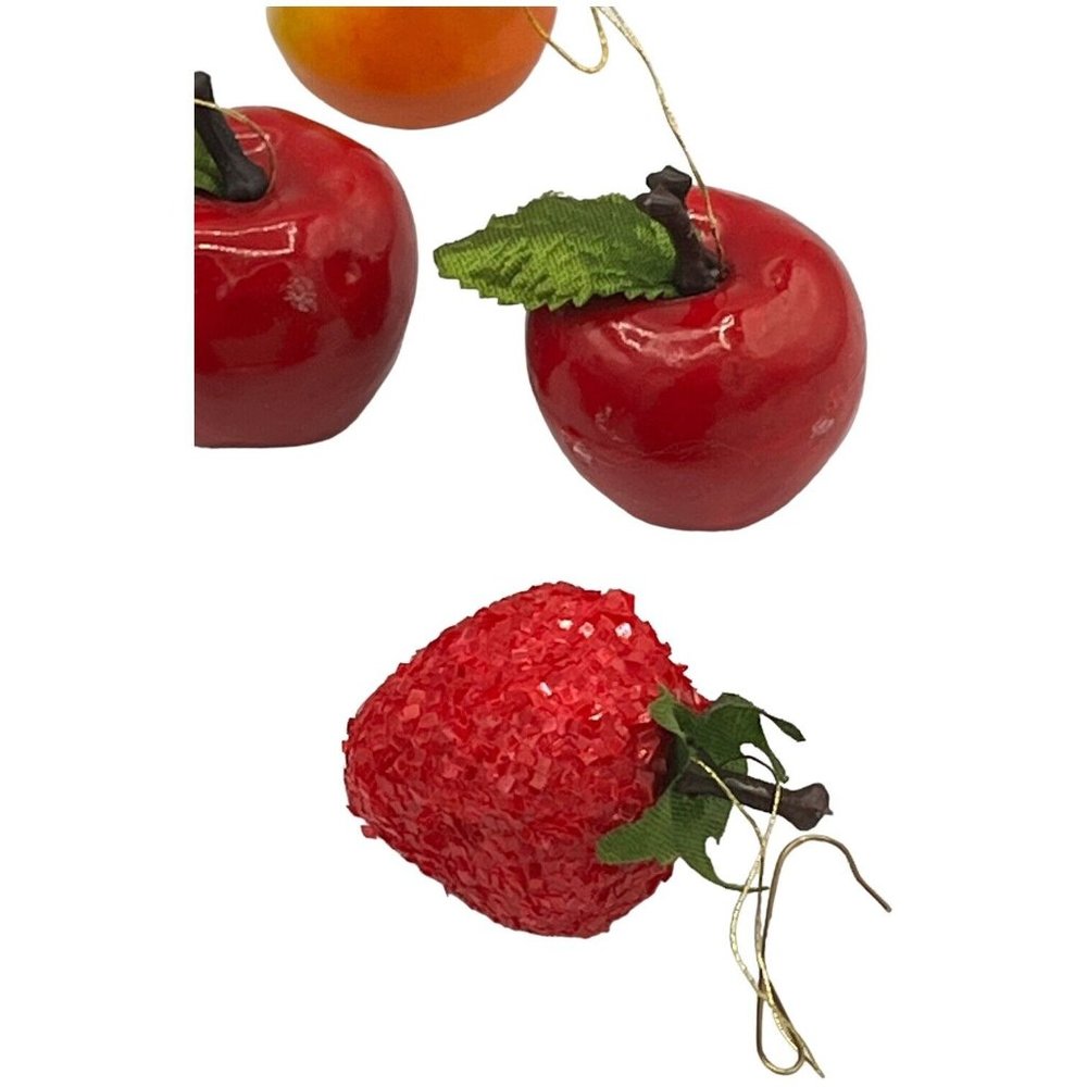 12 Christmas Ornaments Shiny Apples & Pears Glitter Strawberries Green Leaf - Picture 3 of 11